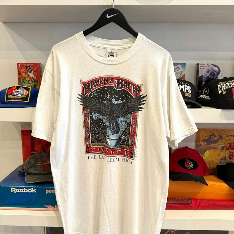 Lee 1992 Ray Troll Alaska Raven's Brew Coffee The Last Legal High T-Shirt White