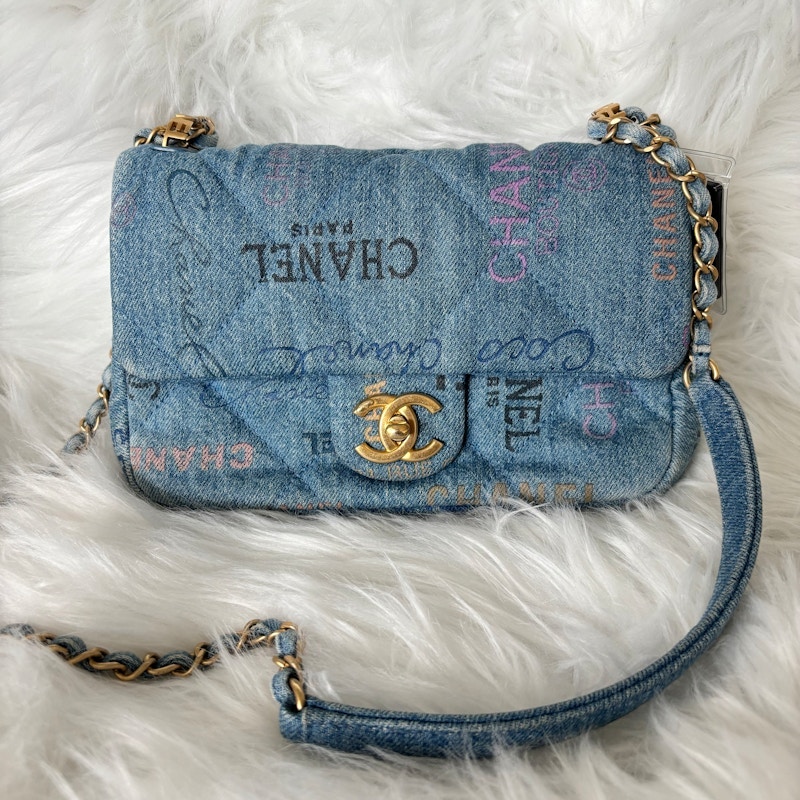 Chanel Denim Logo Print Flap Bag
