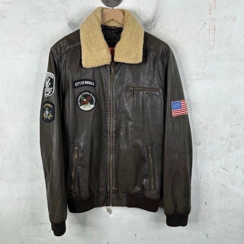Guess Lucas Patch Jacket Genuine Leather Vintage Bomber Top Gun Brown