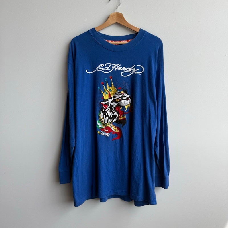 Y2K Ed Hardy Long Sleeve Tiger Graphic Shirt Blue