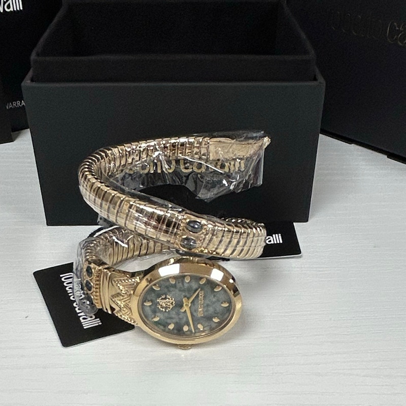Roberto Cavalli Gold Snake Spiral Bracelet Watch