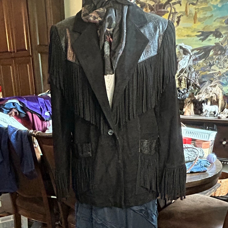 1990’s Wilson’s Western Style Fringe Suede Leather Jacket Black Tooled