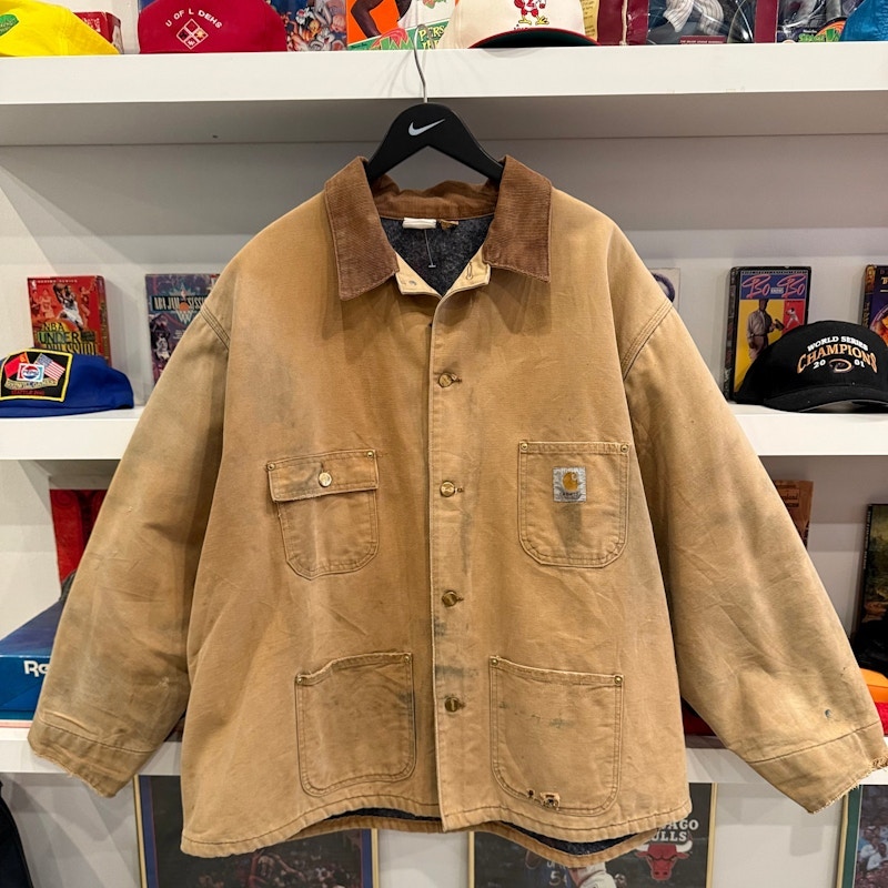 Vintage Carhartt Tan Workwear Duck Canvas Blanket Lined Chore Jacket Coat with Corduroy Brown Collar