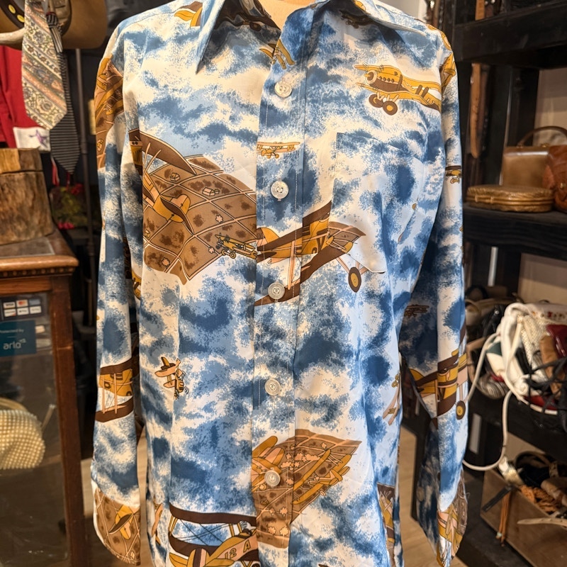 Vintage 1970s Alexander's Airplane Print Polyester Shirt