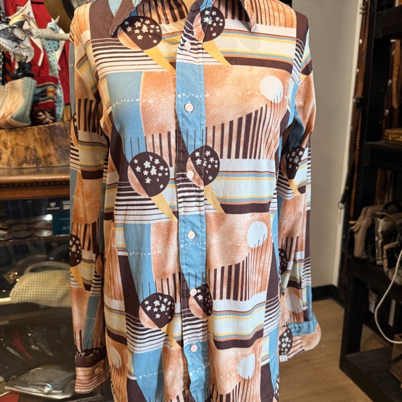 Vintage 1970s Geometric Print Polyester Shirt