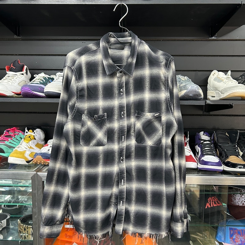 Amiri Plaid Frayed Hem Flannel Shirt Black White