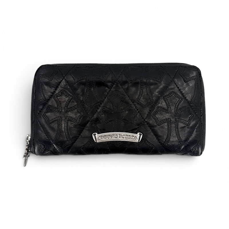 Chrome Hearts Cemetery Cross Quilted Zip Around Wallet Black