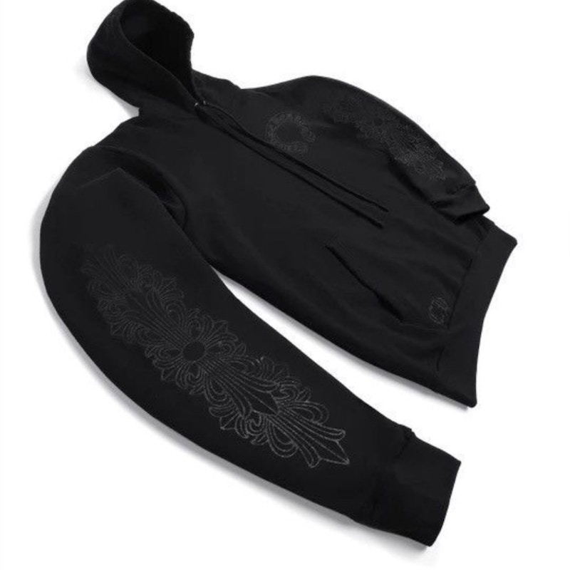 Chrome Hearts Horseshoe Floral Cross-Sleeve Hoodie Black Foil