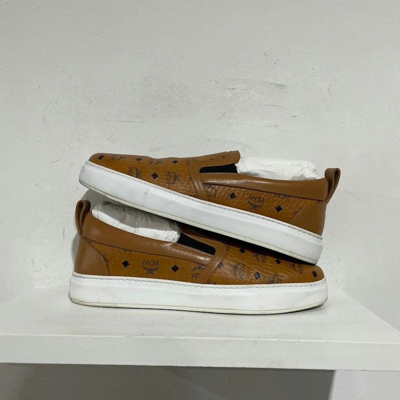 MCM Neo Terrain Slip-On Sneakers in Visetos Leather Mix Cognac