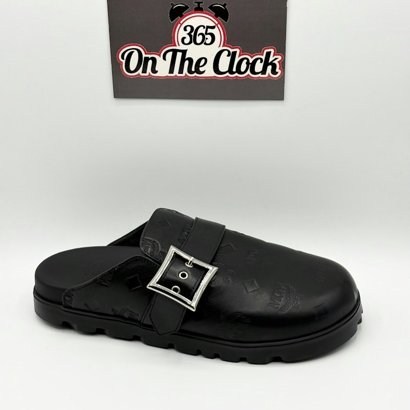 MCM Monogram Buckle Leather Flat Mule Black