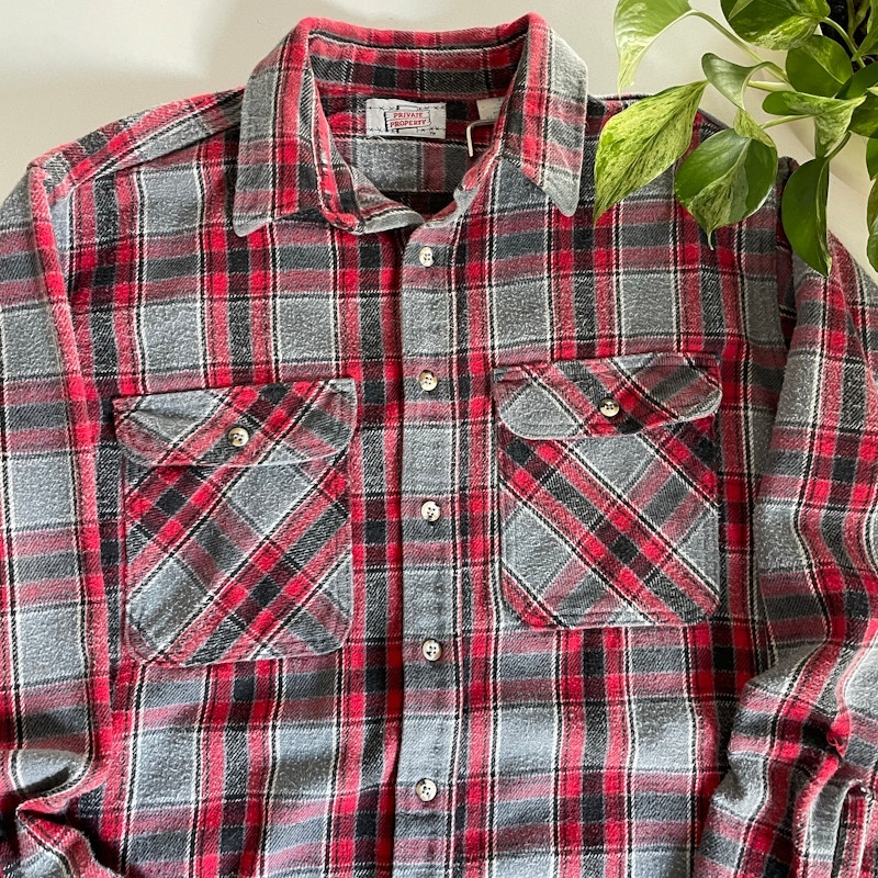 70s Private Property Plaid Cotton Flannel Shirt Red and Grey