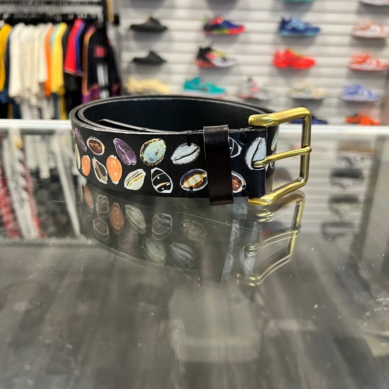 Seashell Print Leather Belt Black