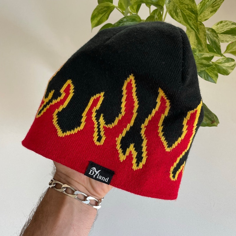 Y2K DYland Flame Beanie Black Red Yellow