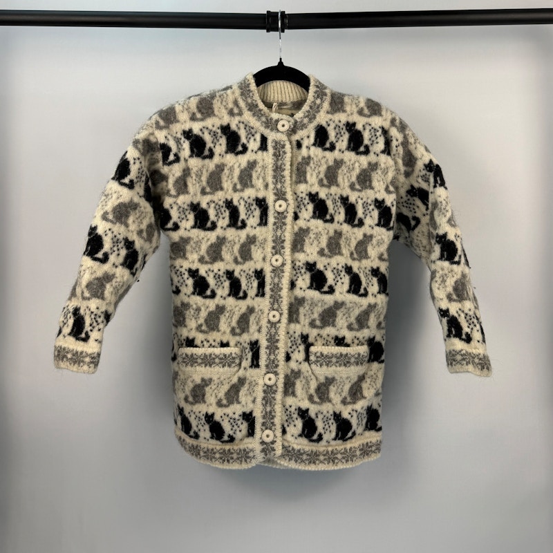 Cat Pattern Cardigan Sweater Black White Grey