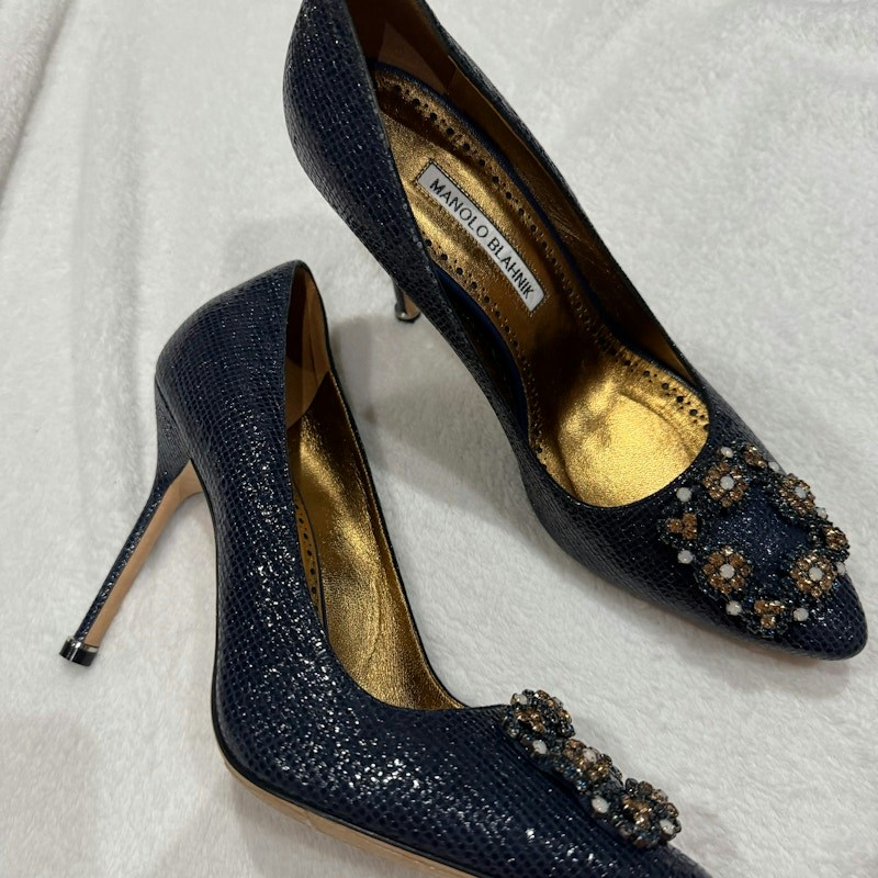 Manolo Blahnik Hangisi 105 Jeweled Buckle Pumps Blue Printed Suede