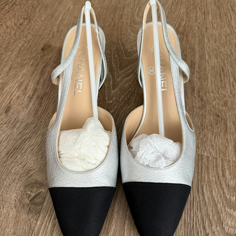 Chanel Slingbacks Metallic Lambskin & Fabric Silver Black