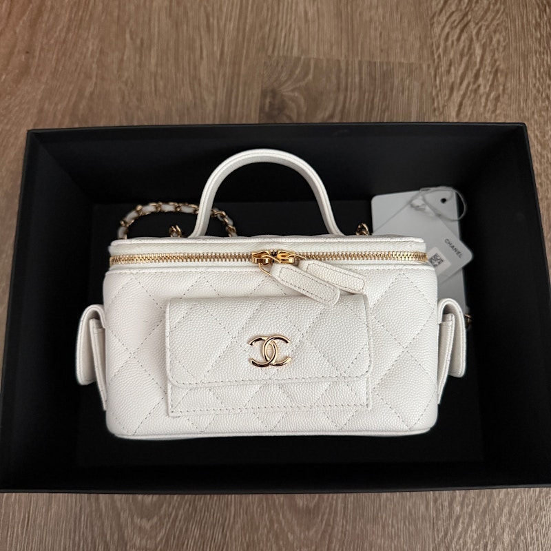 Chanel Vanity Case With Chain Quilted Caviar Small White