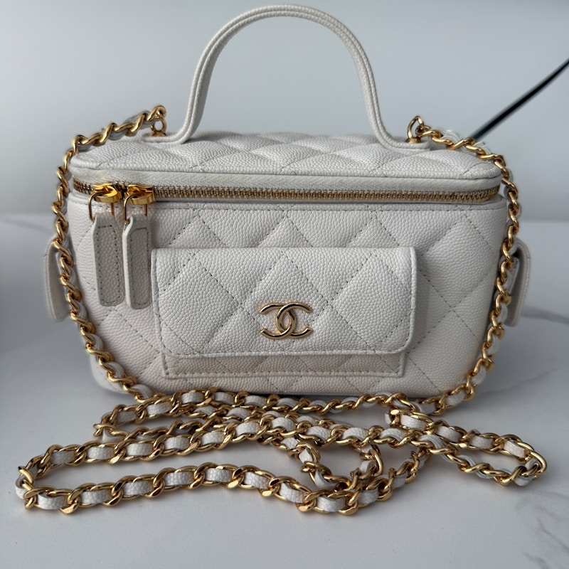 Chanel Vanity Case With Chain Quilted Caviar White