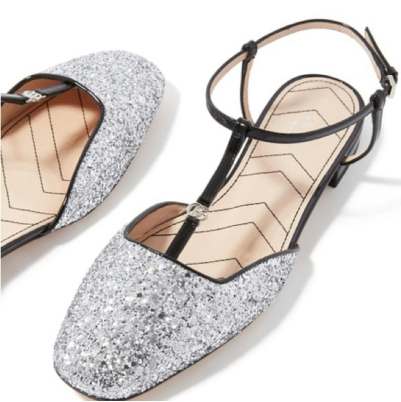 Gucci Glitter T-Strap Flat Shoe Silver Black