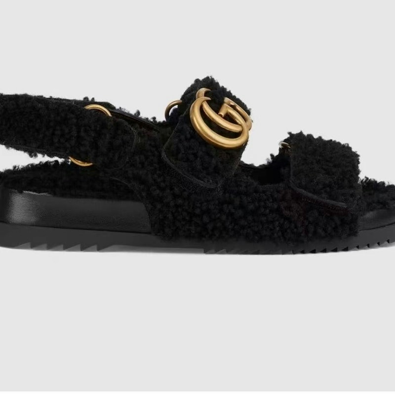 Gucci Interlocking G Shearling Sandals Black