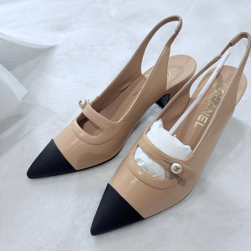 Chanel Slingbacks Goatskin & Grosgrain Beige Black (Women's)