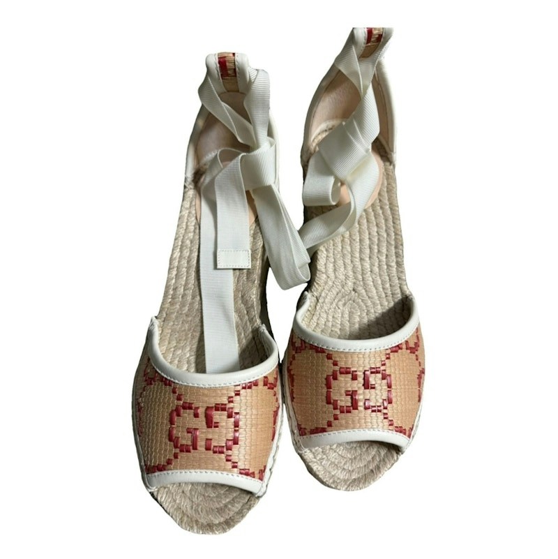 Gucci GG Canvas Wedge Espadrille Beige Red