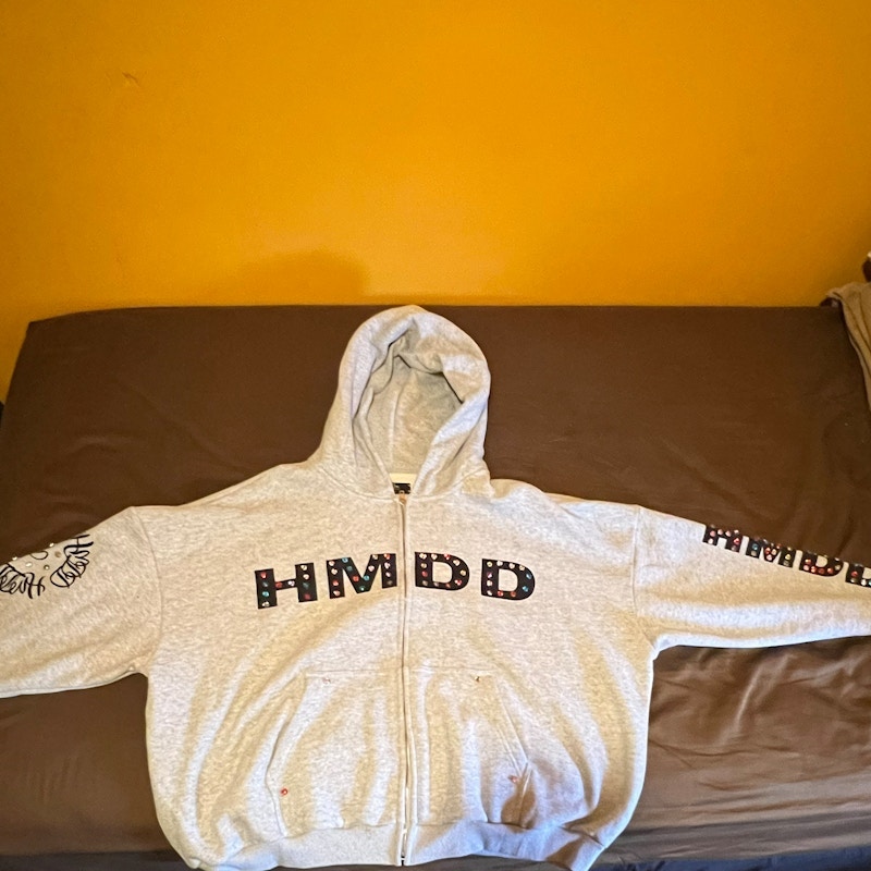 HMDD Rhinestone Zip-Up Hooded Sweatshirt Gray