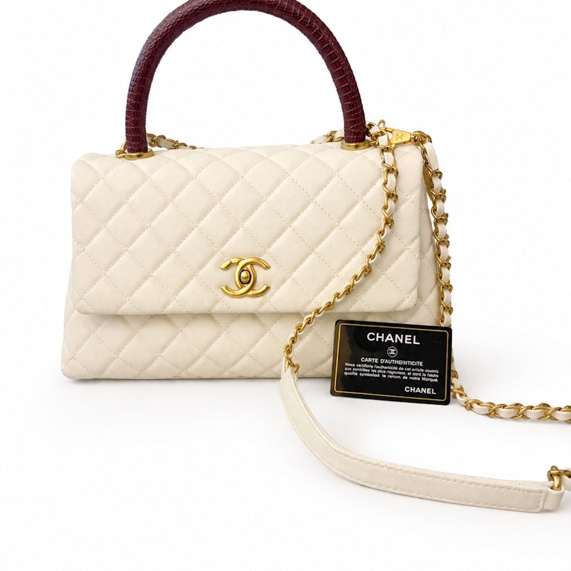 Chanel Coco Handle Flap Bag Quilted White and Burgundy