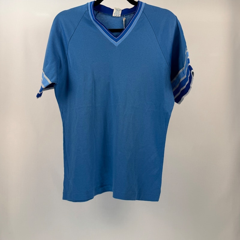 Striped Sleeve V-Neck T-Shirt Blue