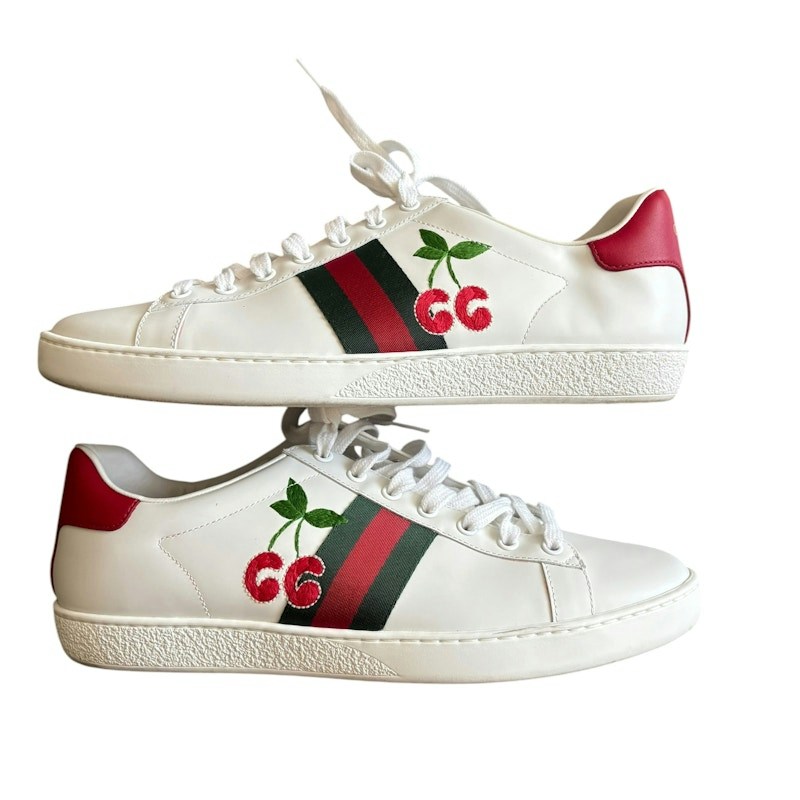 Gucci Ace White Leather Low Top Web Stripe Embroidered Cherry Sneakers