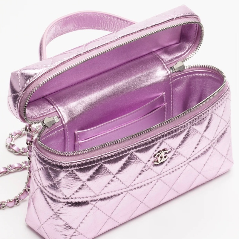 Chanel Vanity Case Quilted Metallic Pink