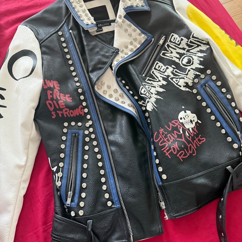 Studded Graphic Leather Biker Jacket Black White