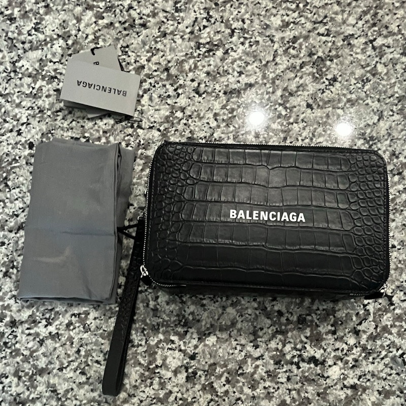 Balenciaga Croc Embossed Leather Wristlet Clutch Black