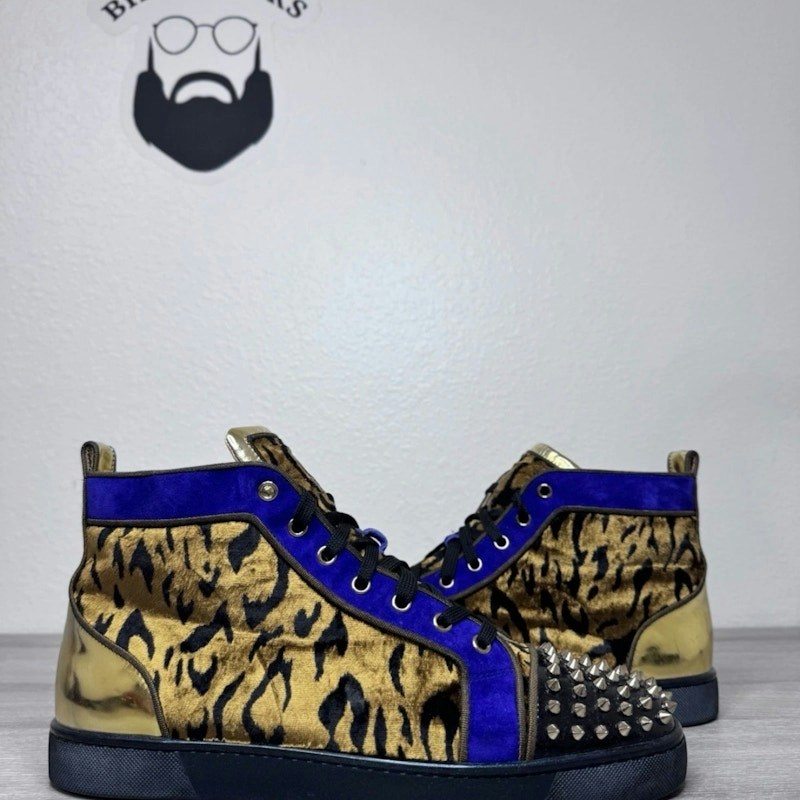 Christian Louboutin Louis Orlato Spikes High Top Sneaker Leopard Gold Blue