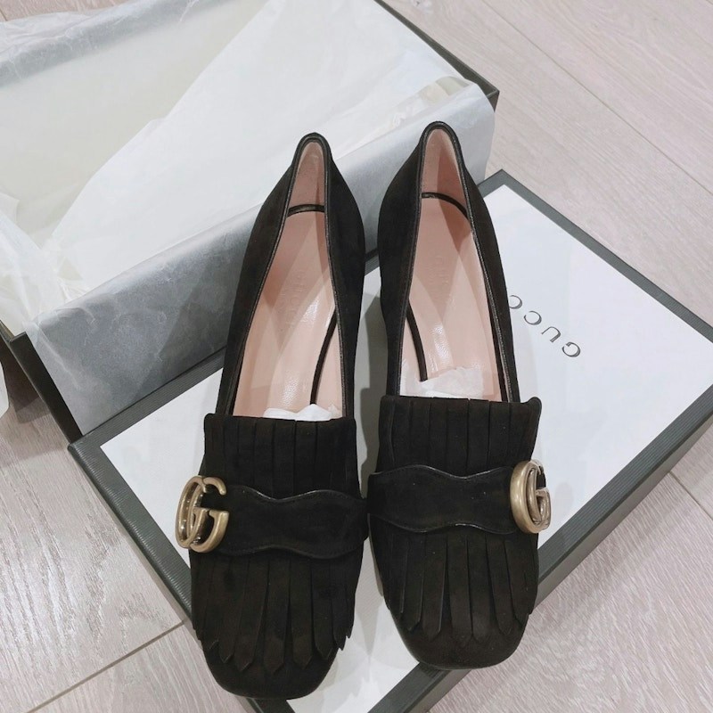Gucci Double G Fringe Block Heel Pump Black