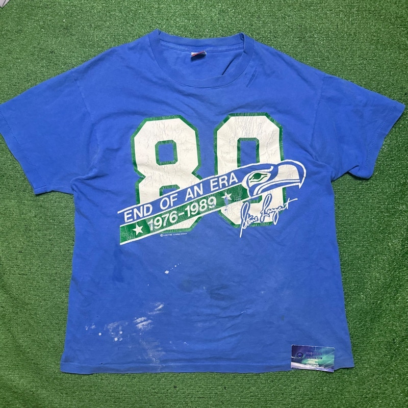 Vintage Distressed Seattle Seahawks Steve Largent T-Shirt Blue