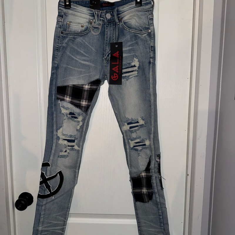 Gala Distressed Patchwork Denim Jeans Light Blue