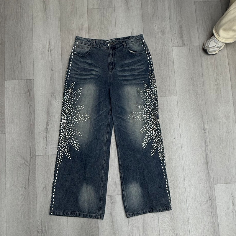 Vale Forever Siren Rhinestone Star Wide Leg Denim Jeans Dark Gray