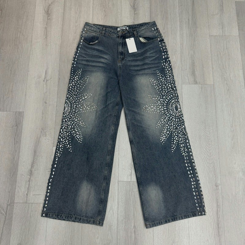 Vale Forever Siren Rhinestone Sunburst Wide Leg Denim Jeans Blue