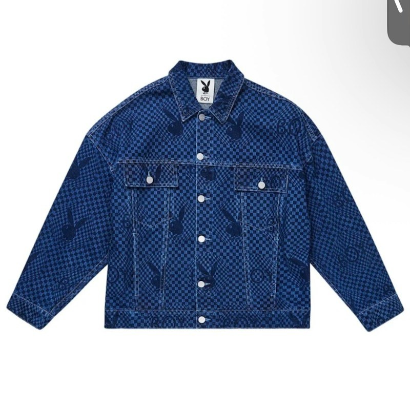 Playboy All Over Print Denim Jacket Blue