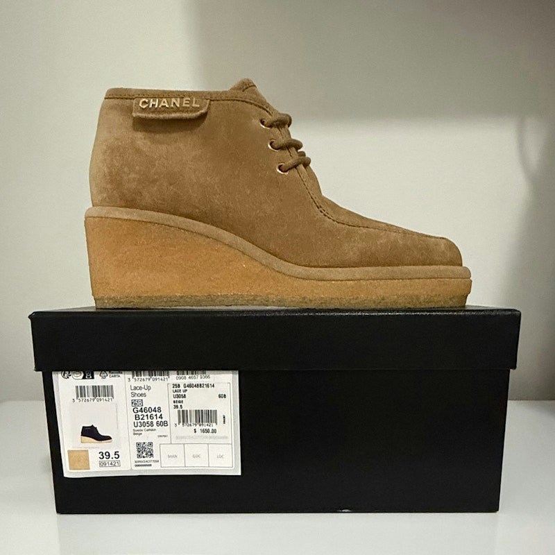 Chanel Lace-Up Shoes Suede Calfskin Beige