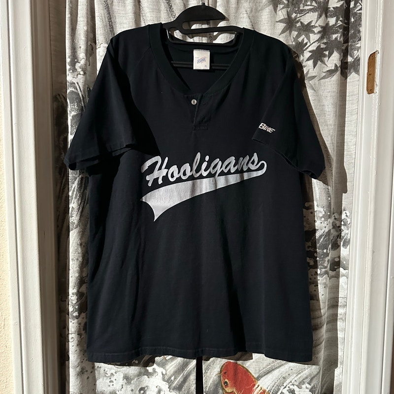 Vintage 90s Bike Hooligans Number 8 Button Henley Shirt Black