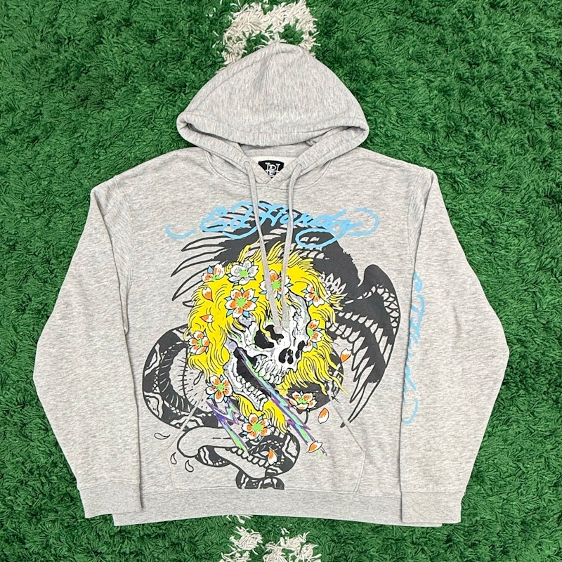 Ed Hardy Skull Floral Graphic Hoodie Grey