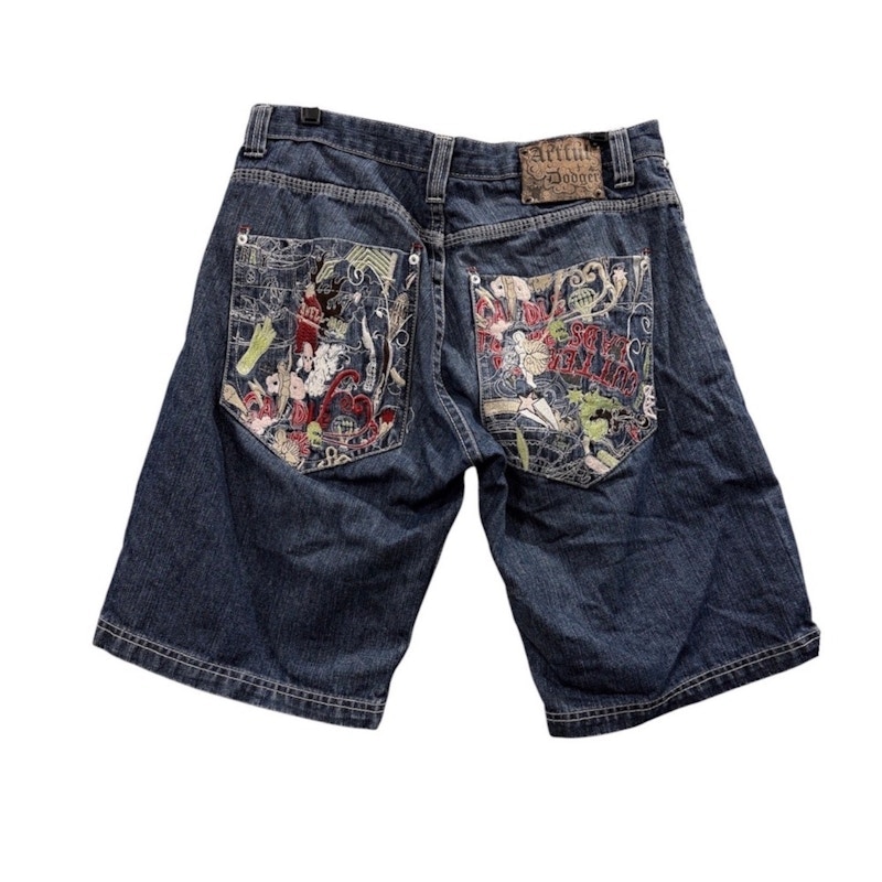 Artful Dodger Denim Shorts Blue Embroidered Graphic Pockets