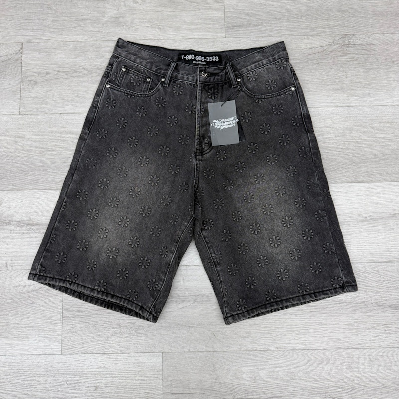 Lostnows Flower Embossed Denim Shorts Black