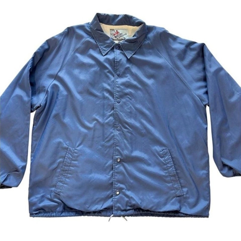 Weather Breaker Coaches Jacket Blue Nylon Snap Front Windbreaker 80s 90s
