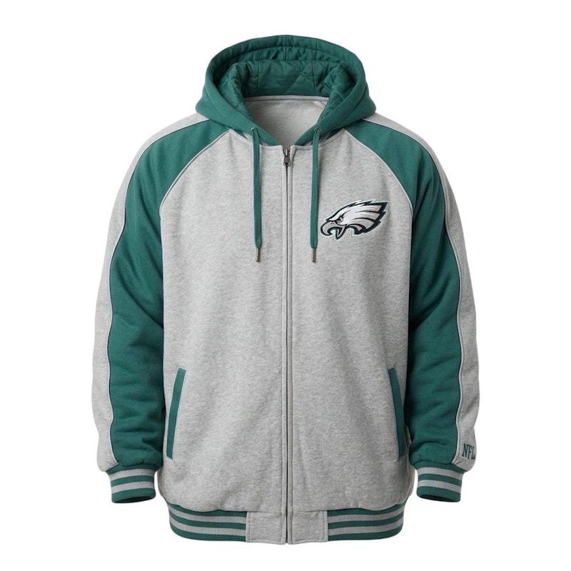 NFL Philadelphia Eagles Jacket Gray Green Full Zip Hooded Quilted Lined