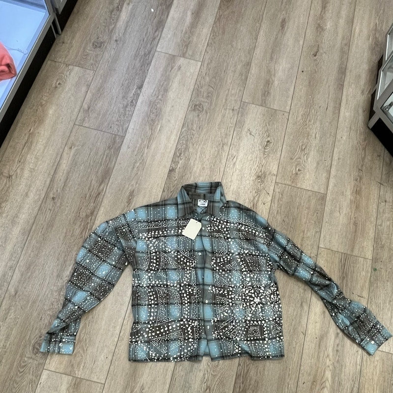 VALE USA Rhinestone Plaid Flannel Shirt Blue