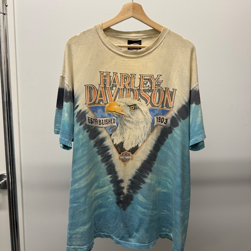 Vintage Harley-Davidson Foothills Hickory N.C. Eagle Tie-Dye T-Shirt Off-White Blue