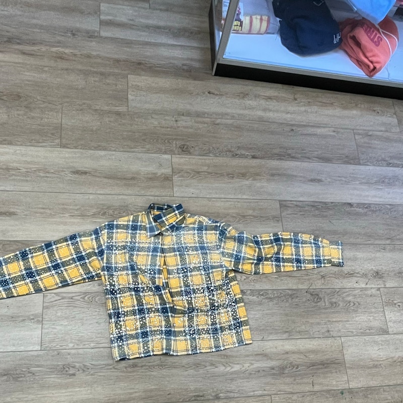 VALE USA Rhinestone Plaid Flannel Shirt Yellow Blue